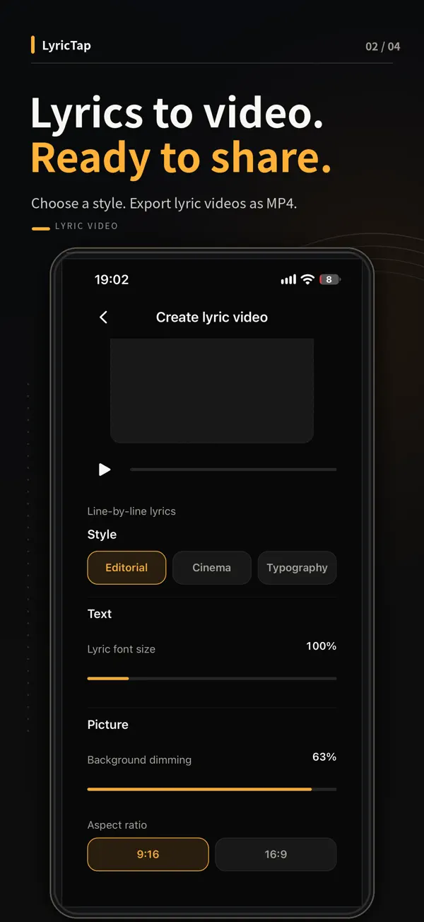 Published LyricTap lyric video screen with style, font size and aspect ratio controls